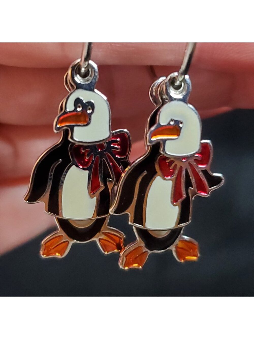 Penguin Earrings Layered Dangle Figural Bird Silver Tone 1 1/8"